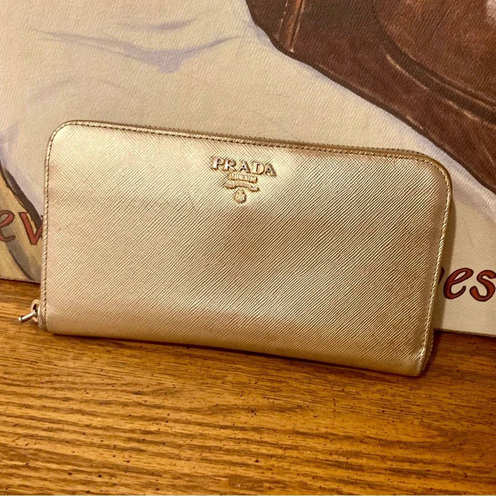 PRADA Vintage Saffiano Leather Zip Around Long Wallet - Gold